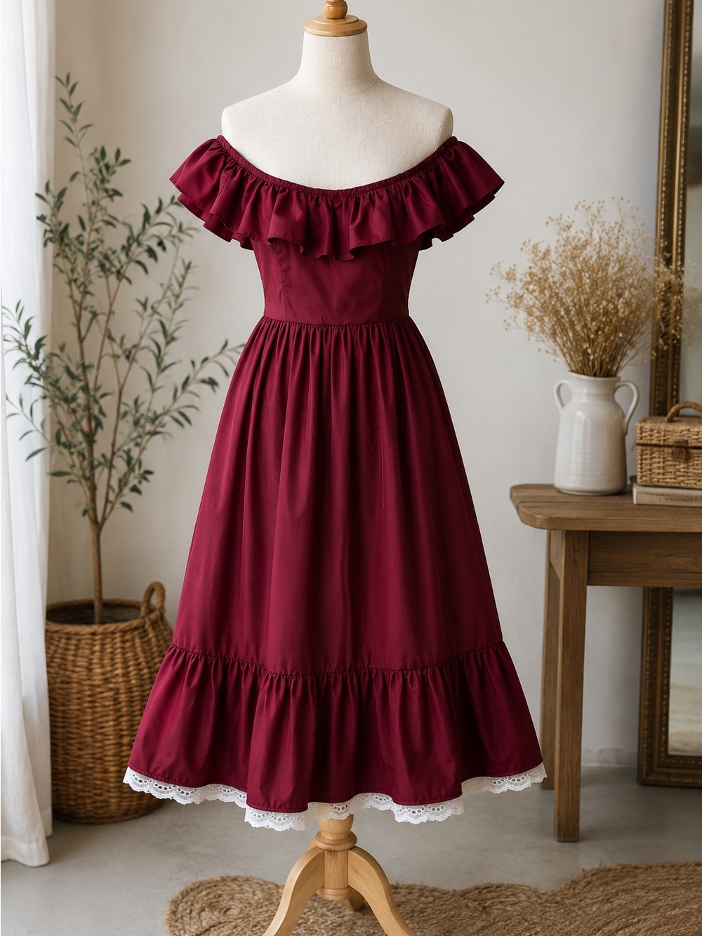 Vintage Victoria Burgundy Prairie Dress CottageCore OffThe-Shoulder Romantic max